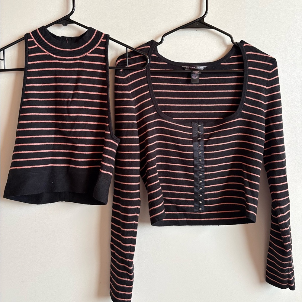 Victoria's Secret Black and Pink Striped Crop Top Set (M-L)